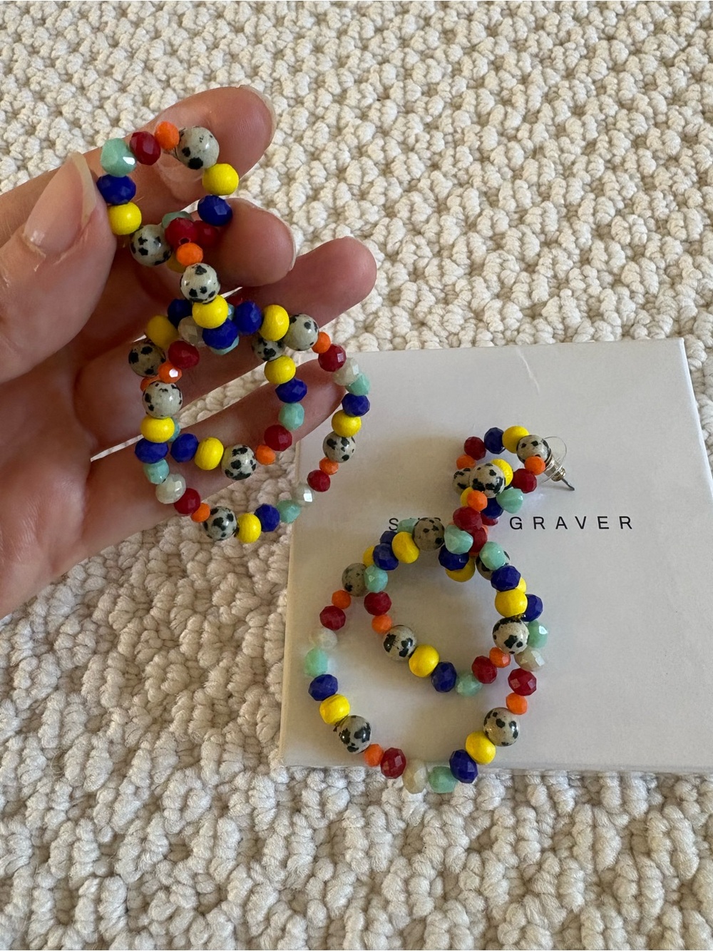 Susan Graver Multicolor Beaded Hoop Earrings - Yellow, Blue, Red, Green